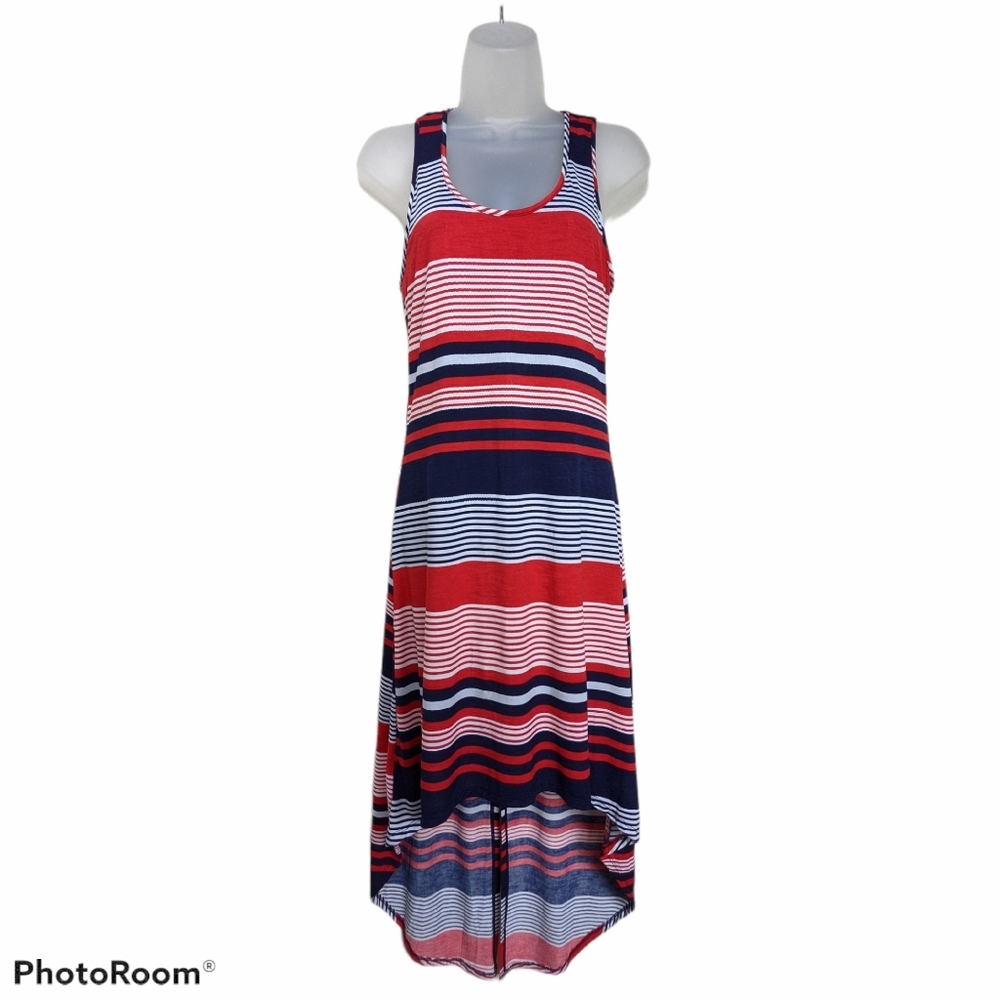 Moa Moa Midi Dress High Low Hem Tank Red White Blue Stripes Medium
